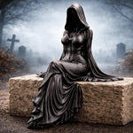 statue gothique femme assise noir texture 3d plis drapés ornement mystérieux roses noires citrouille