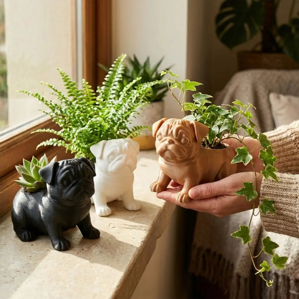 cache pot forme chien noir blanc marron texture résinée moderne intérieur extérieur plantes succulentes