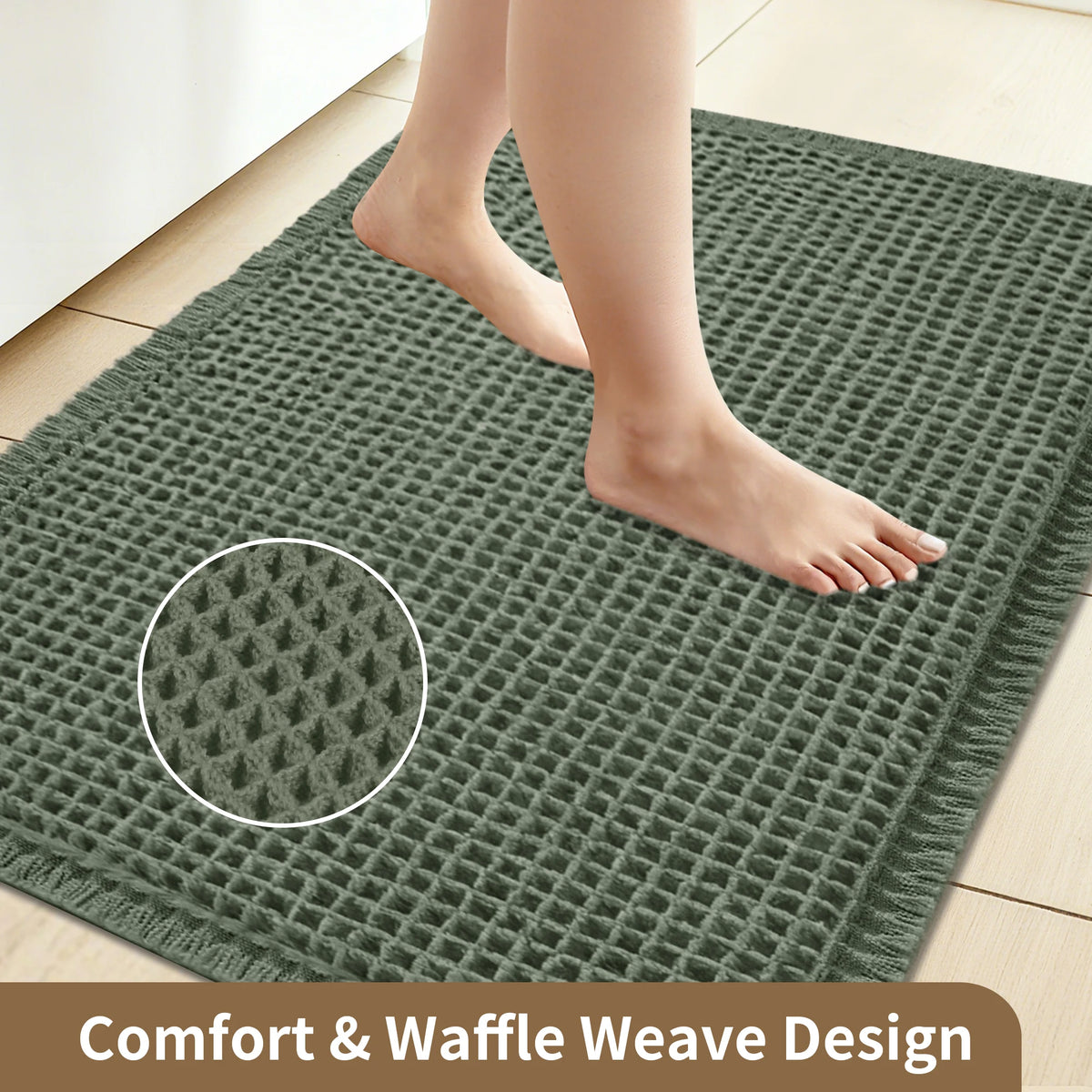 tapis bain moderne beige clair tissé motifs géométriques franges antidérapant respectueux environnement machine