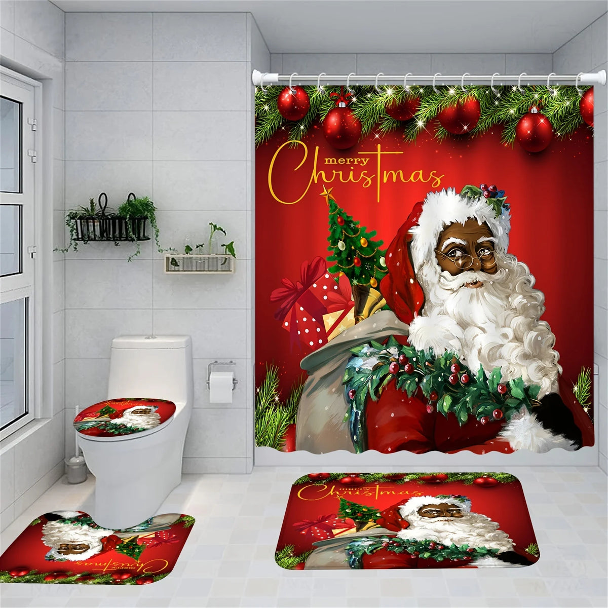 rideau douche santa claus tapis noel mignon decoration merry christmas vert rouge blanc