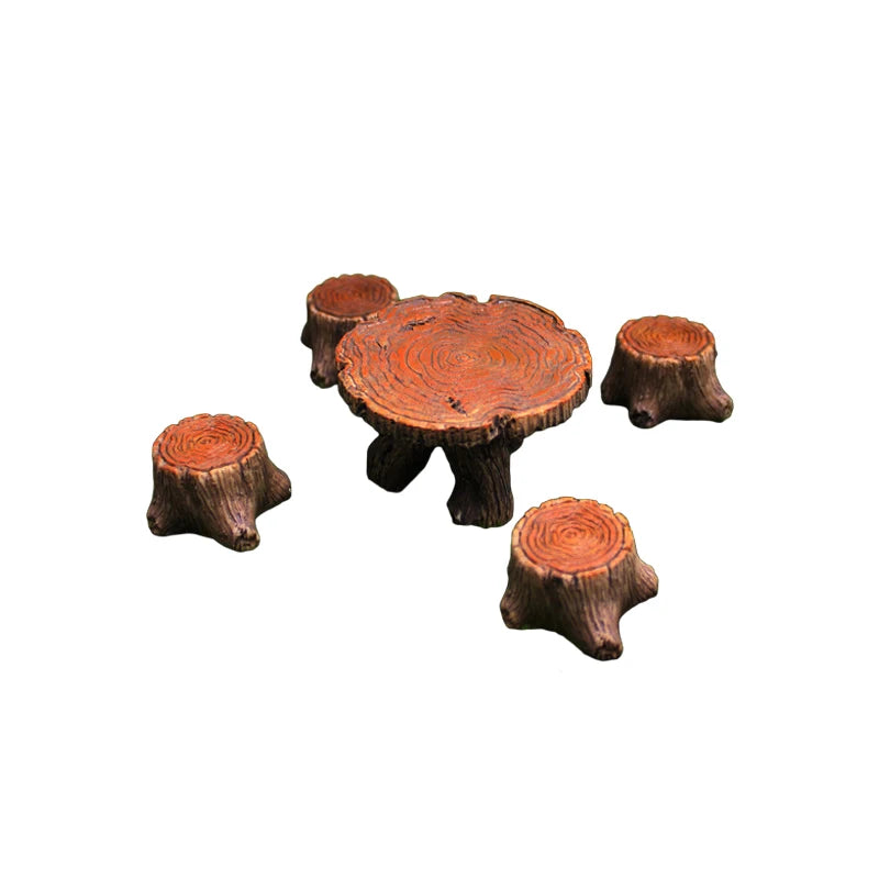 accessoires art jardin decoration resine miniature table tabourets herbe verte aspect bois feerique