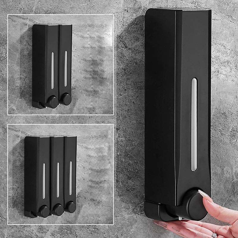 distributeur savon liquide mural noir argent moderne bouton déclenchement salle bain