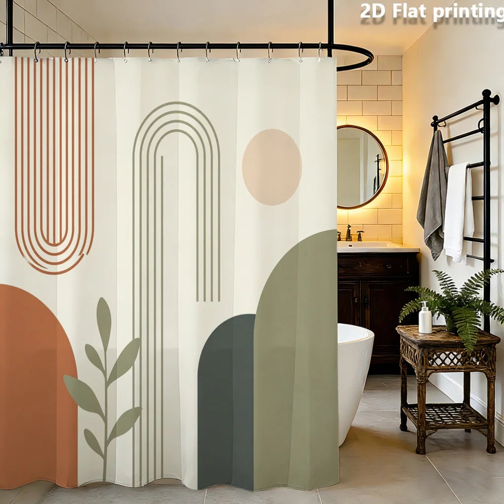 rideau douche moderne motifs géométriques beige orange vert gris opacité anneaux rideau