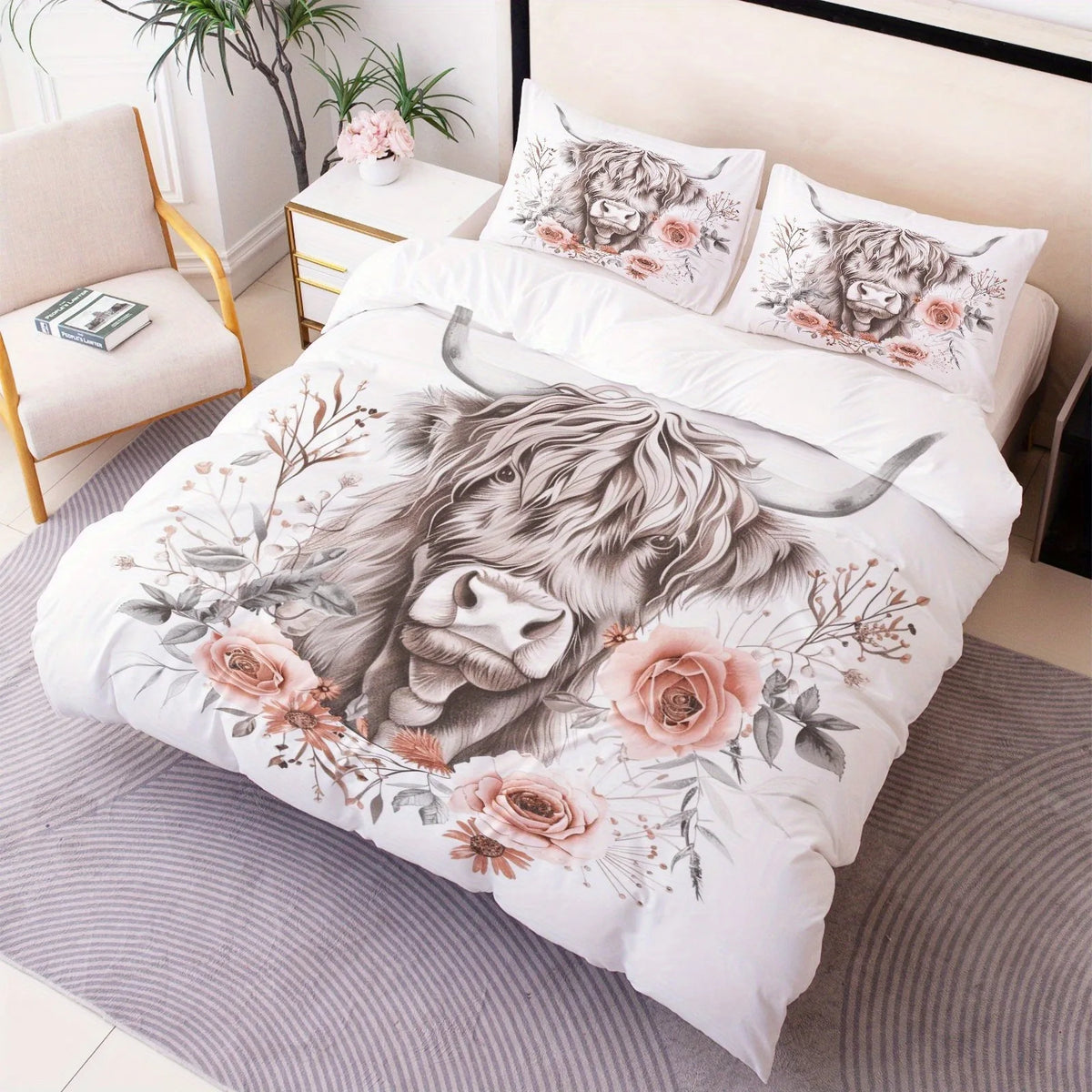 drap plat parure lit floral moderne illustration taureau fleurs roses feuilles vertes blanc gris