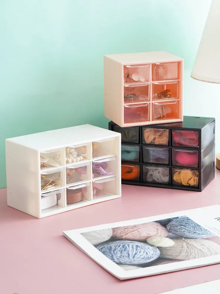 boîte rangement transparente moderne compartiments blanc rose tiroirs papeterie bijoux cosmétiques étudiants