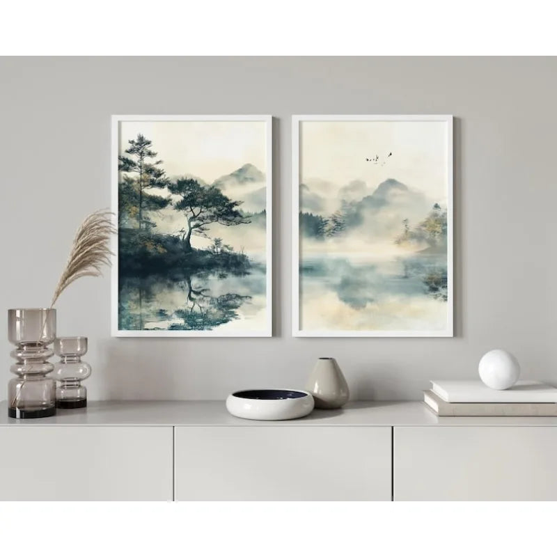 tableaux toile moderne minimaliste paysage abstraits nuages montagnes arbres bleu gris beige noir blanc
