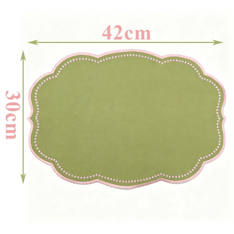 sets table vert olive rose brodé dimensions 42x30cm champêtre assiettes tasses couverts