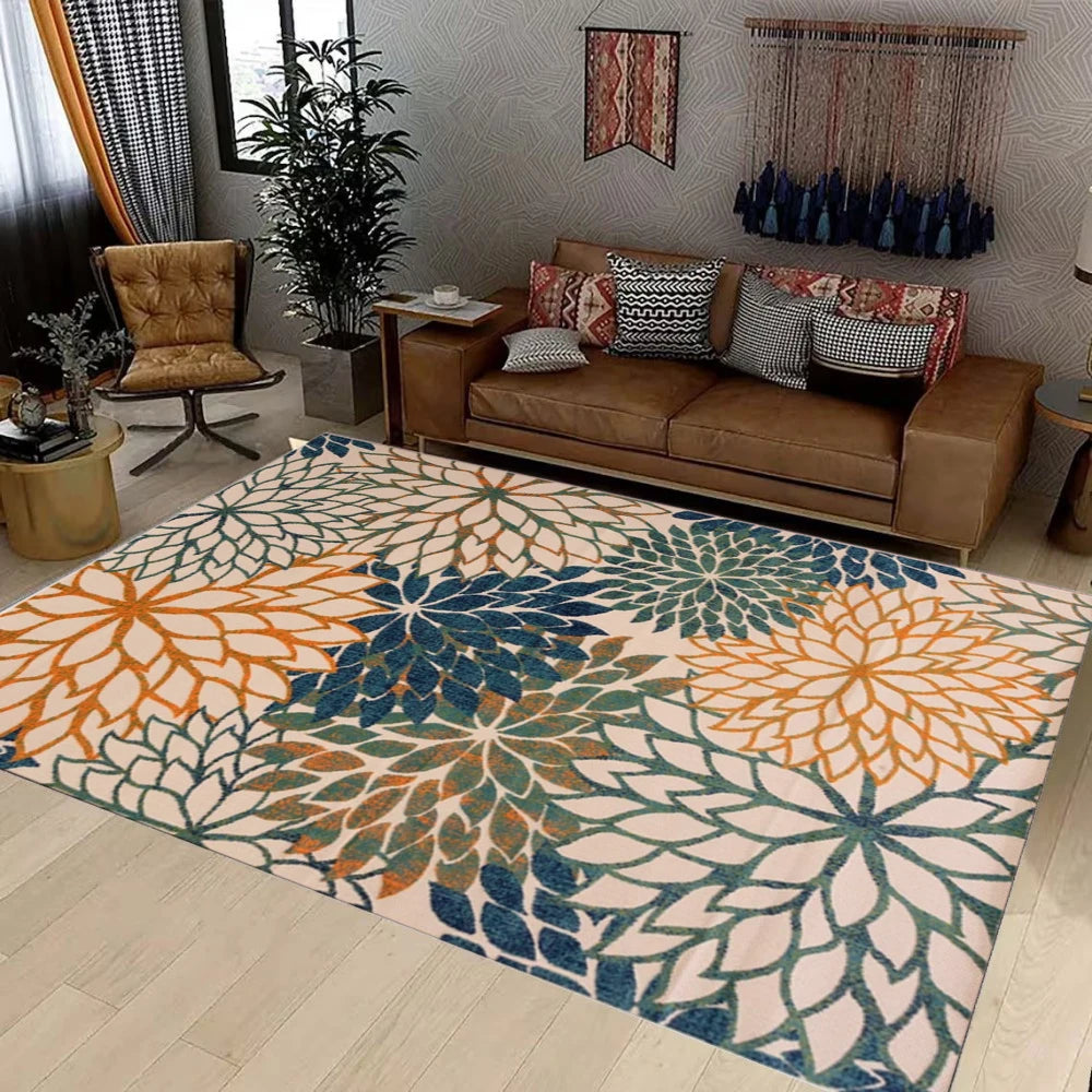 tapis moderne fleurs abstraites orange bleu vert beige extérieur antidérapant polypropylène polyester
