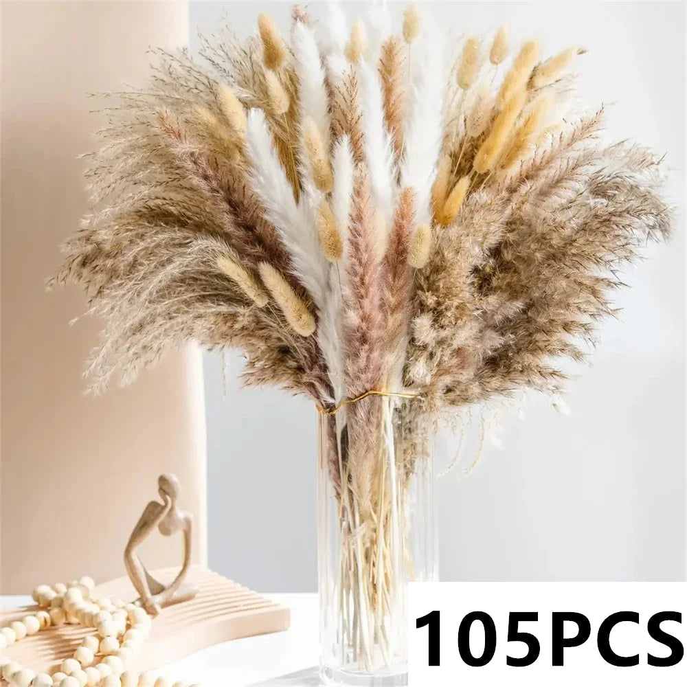 bouquet pampas séchés décoration bohème blanc beige vases différents mariage anniversaire