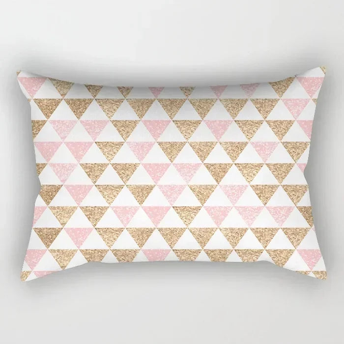 taie d'oreiller rectangulaire rose blanc doré motif géométrique moderne lit chambre décoration maison