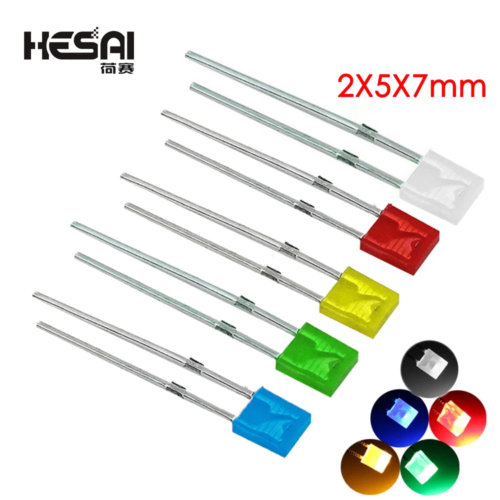 diodes led bleu vert jaune rouge blanc 2x5x7mm opaques mat standard 100 pieces