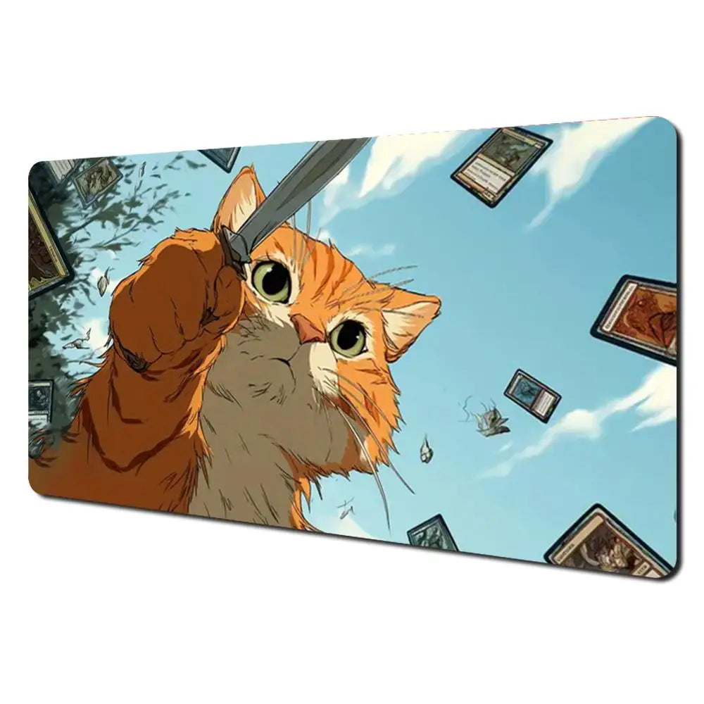 tapis jeu playmat chat épée cartes géométrique orange noir rouge illustration animateur