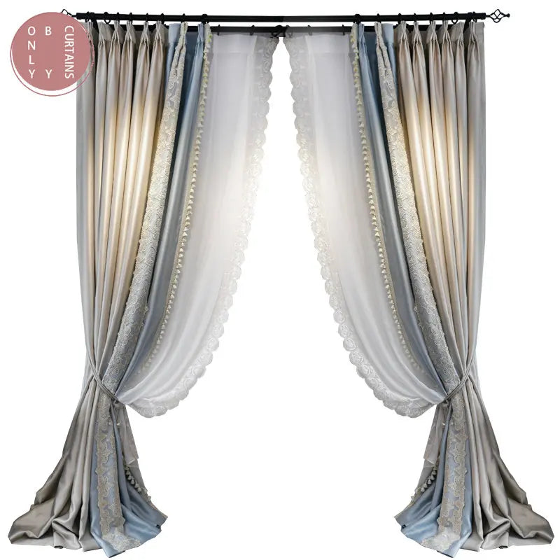 rideaux beiges bleu clair broderie blanche élégants translucides maison