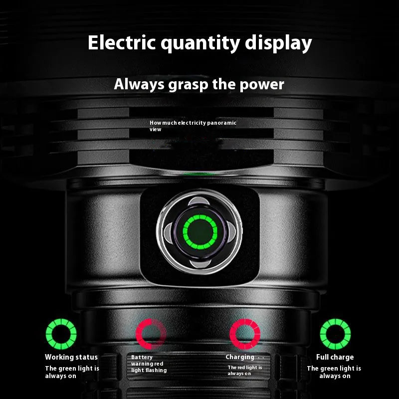 torche led rechargeable 50w intense 500m lumiere blanche noire robuste camping pêche