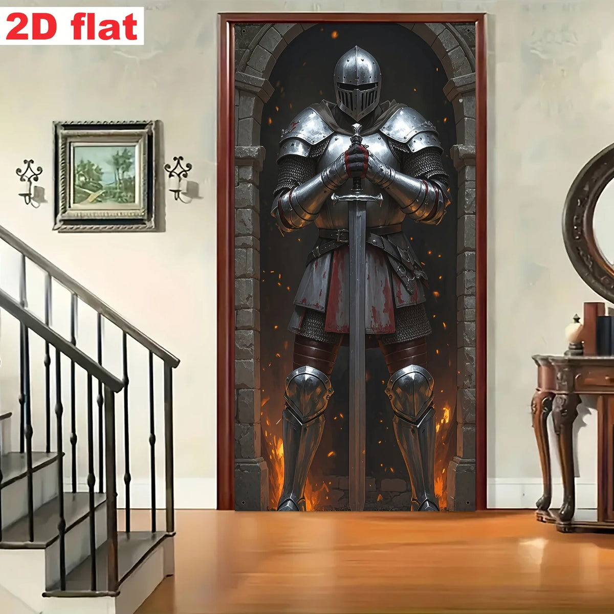 autocollant mural armure médiévale chevalier épée flammes gris métallisé rouge noir historique réaliste anneaux