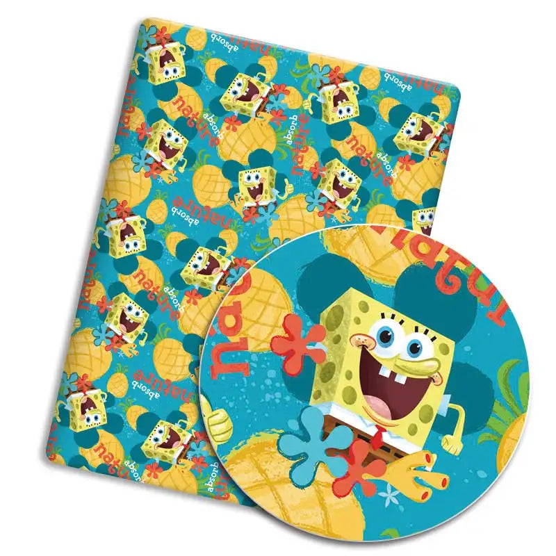 protège coussin personnages animés bob l'éponge motifs floraux lettrage bleu rose grisclair tissu polyester