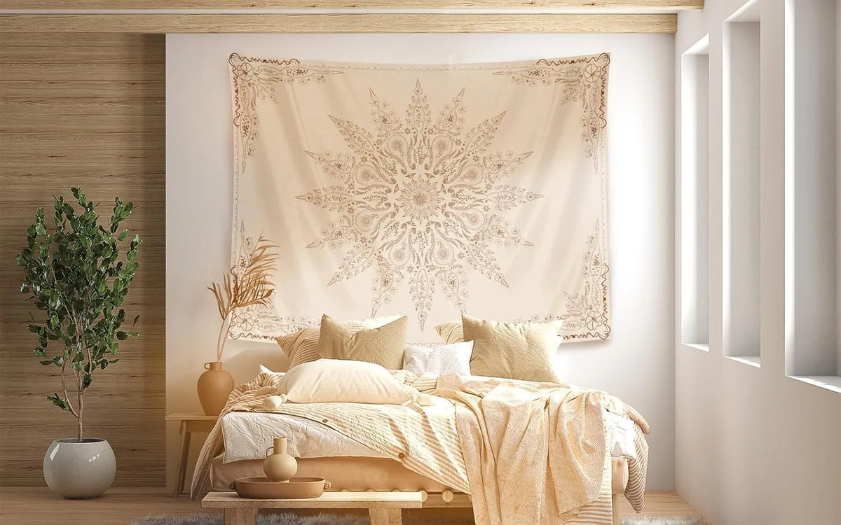 tapisserie murale boho chic motif floral complexe polyester beige clair foncé rectangle moderne