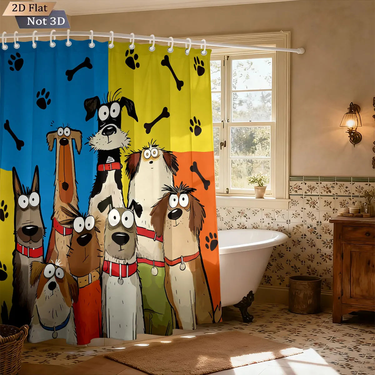 rideau douche imperméable dessins animés chiens bleu jaune opacité cartoon anneaux suspension polyester machine