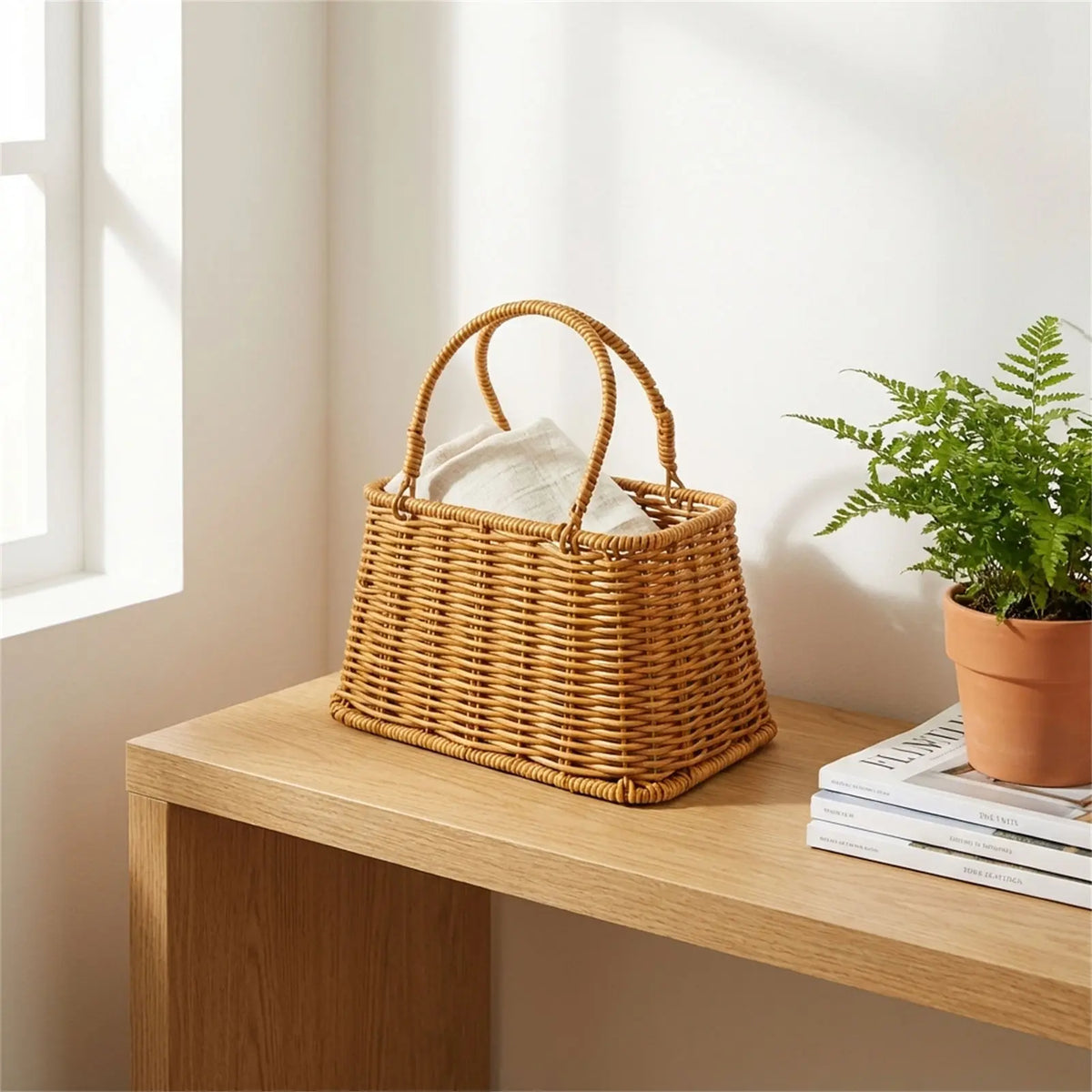 panier tressé marron clair rose rangement stockage bohème minimaliste respectueux environnement multifonctionnel