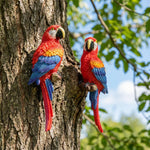 décoration murale perroquet réaliste plumes couleur rouge bleu jaune vert tropical fixations murales tronc