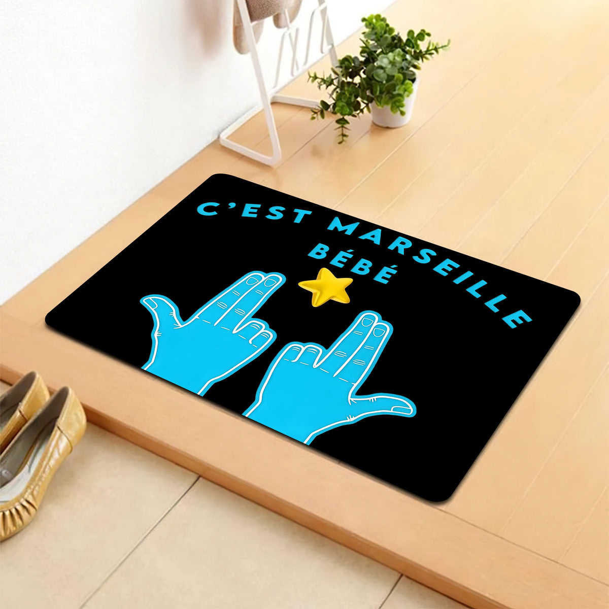 tapis graphique pop art bleu noir main étoile anti dérapant résistant extérieur intérieur porte