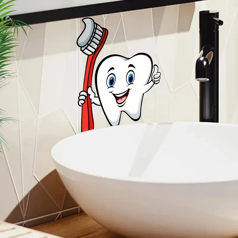 sticker mural dessin animé brosse dents sourire chambre toilette autocollant pvc opaque