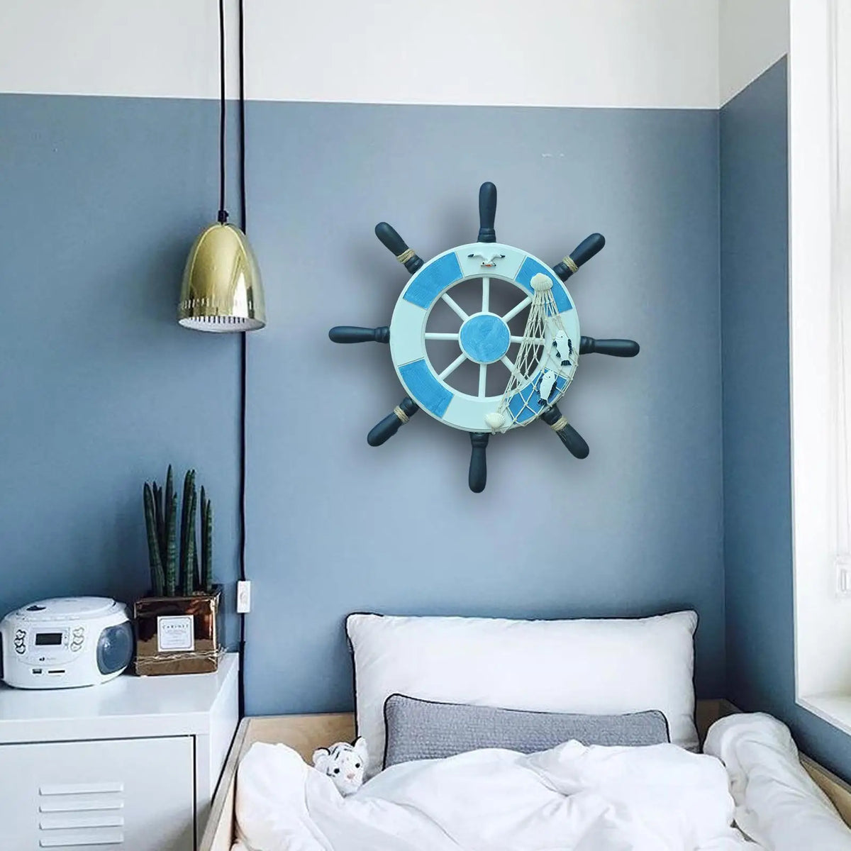 volant bateau bois blanc bleu marine decor nautique rayures filet peche oiseau boule etoile