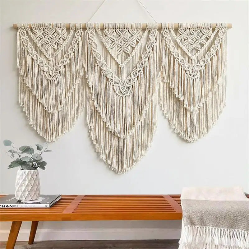 rideau macramé boho chic franges motifs géométriques beige clair lavage main