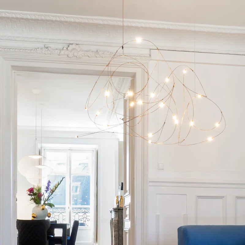 suspension lumineuse led contemporaine minimaliste spirales dorées salon chambre