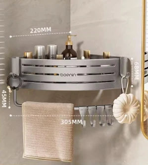 étagère salle bain argentée moderne adhésive crochets compartiments drainage haute capacité
