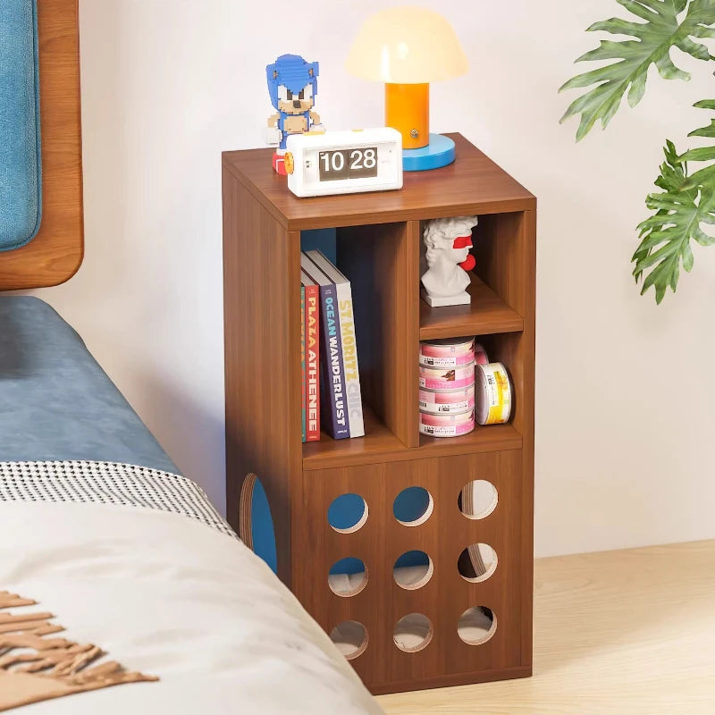 rangement moderne meuble bas multi compartiments minimaliste bois marron foncé bleuclair opaque