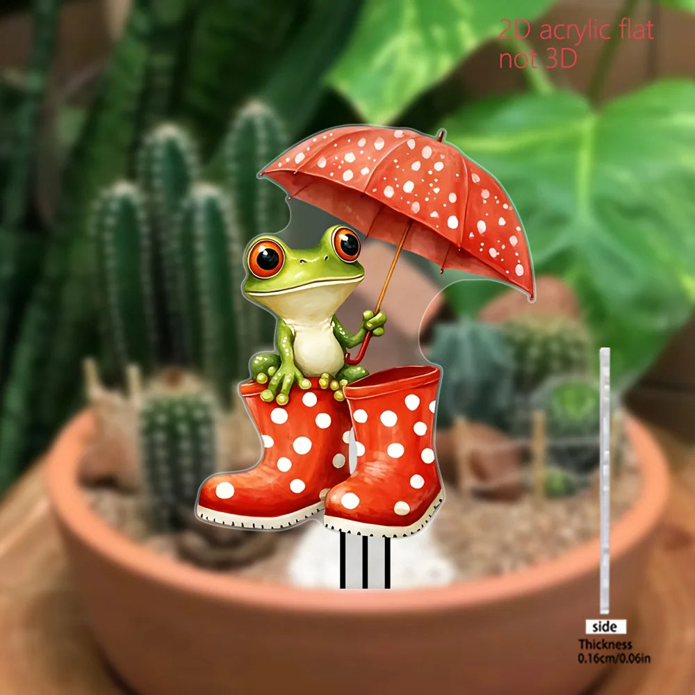 figurine grenouille verte parapluie rouge points blancs cartoon tringle extérieure pot fleurs jardin automne