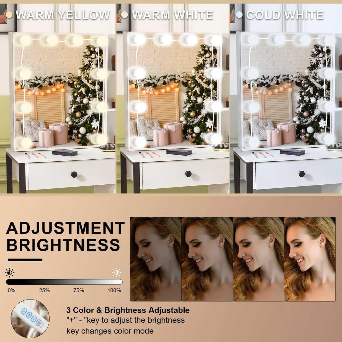 coiffeuse moderne miroir led couleurs tiroirs rangement blanc tiroirs noirs