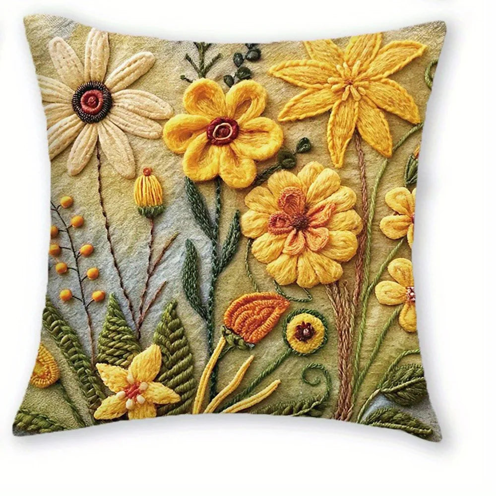 taies d'oreiller polyester fleurs relief artisanal zipper 45x45cm vert jaune blanc