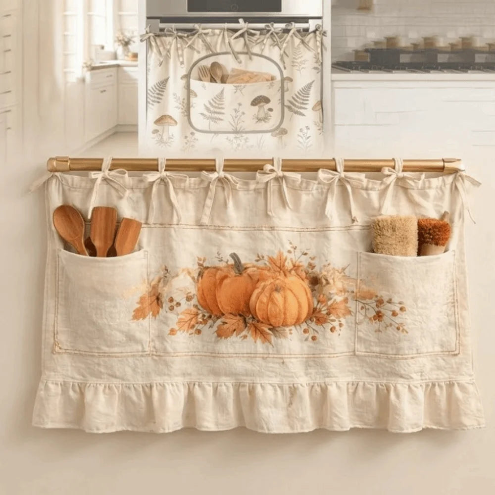 rideau cuisine rustique motif champignons beige poches accessoires 76 54 cm