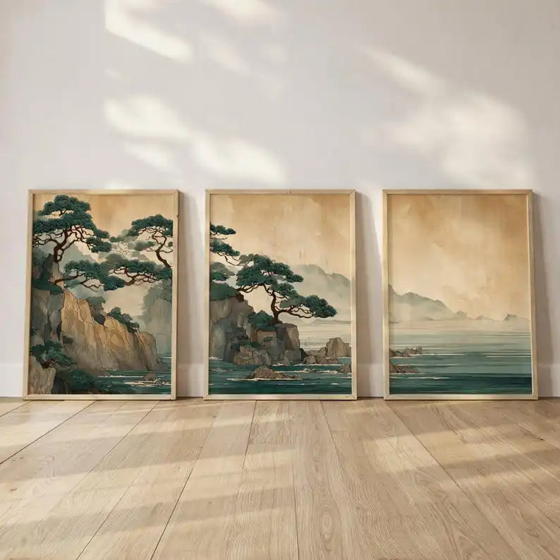 tableaux impression toile japonaise paysages marins arbres rochers vert beige bleu gris noirs salon