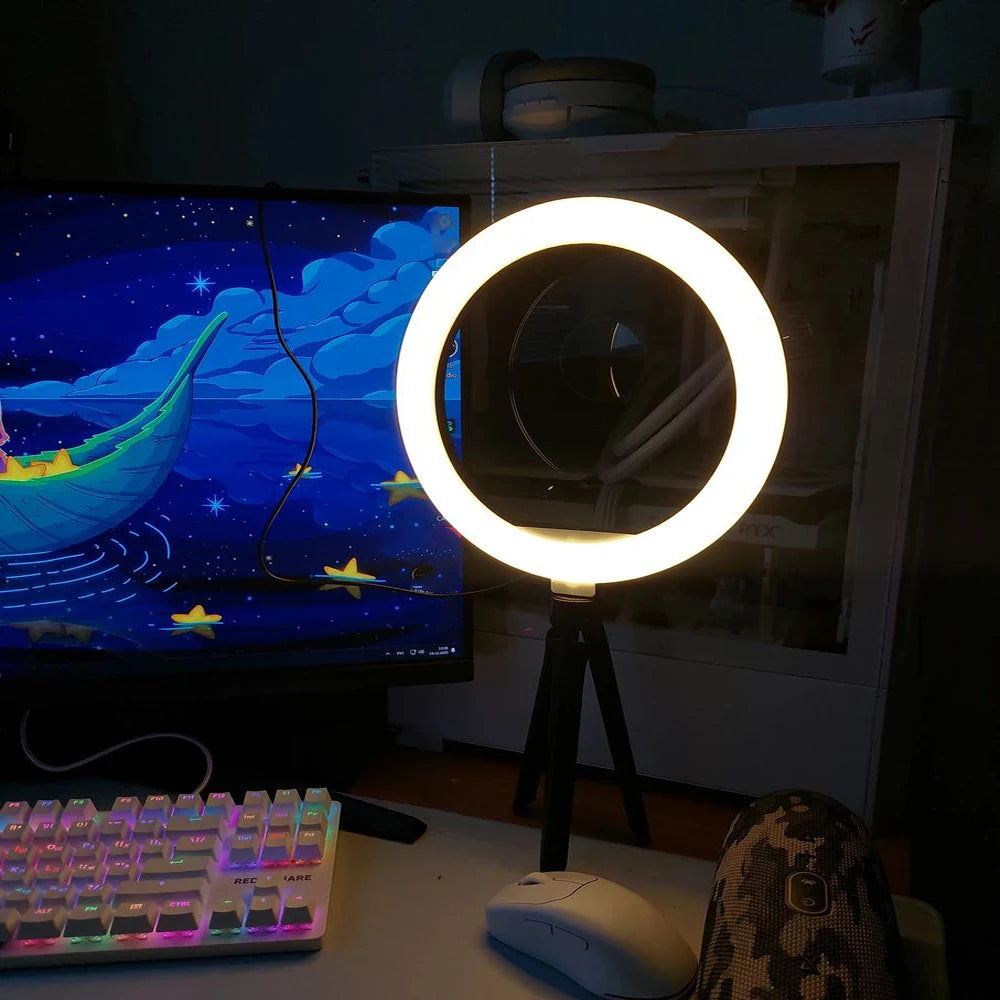 lampe anneau led blanc moderne trépied tête sphérique support téléphone