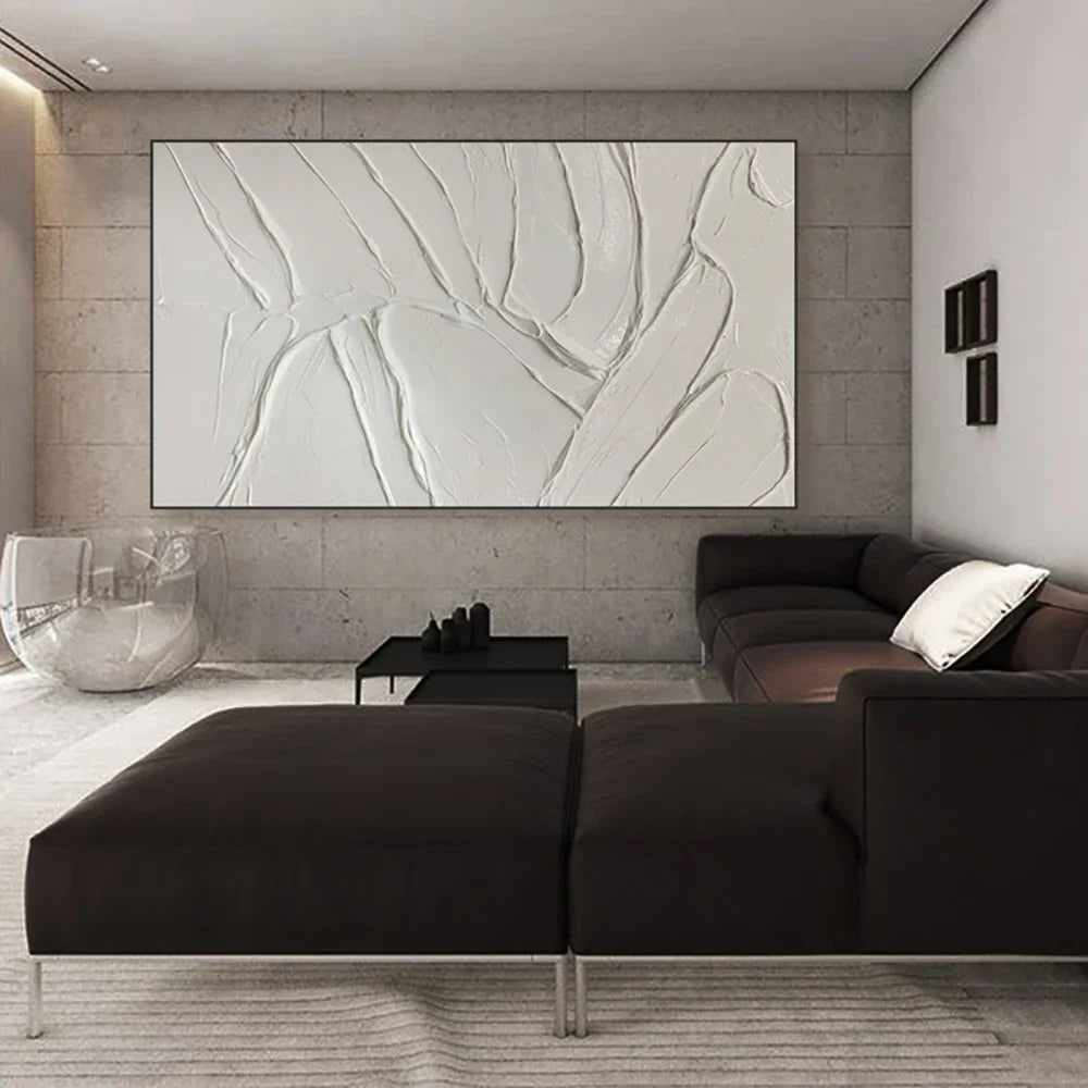 tableau moderne abstrait lignes ondulées blanc gris clair décoration intérieure sans cadre contemporain horizontal