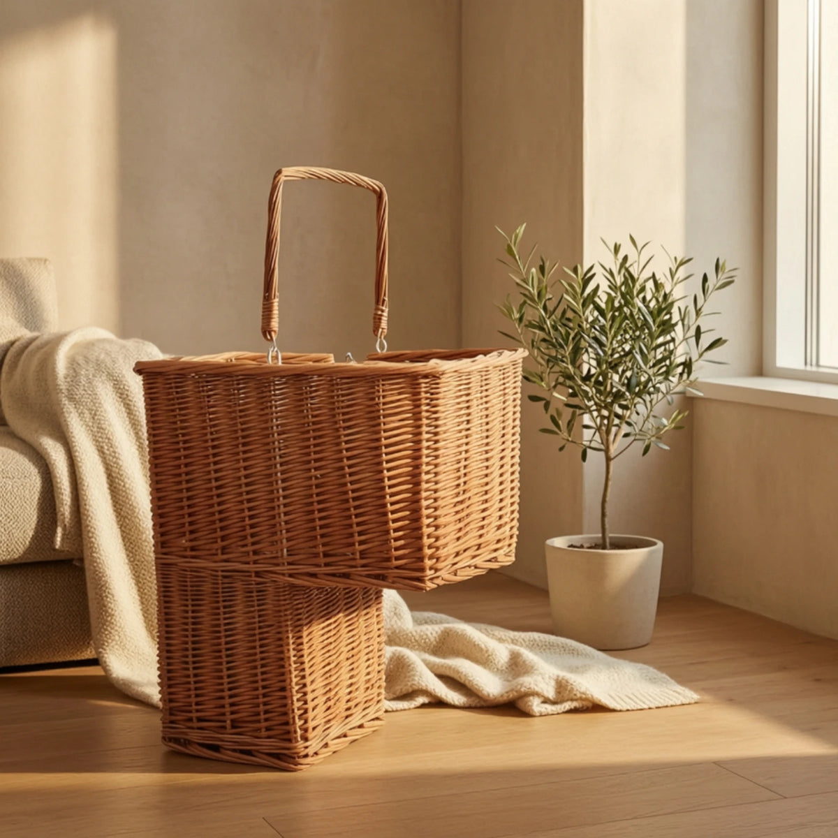 panier double compartiment osier tressé rustique rangement jouets livres escalier