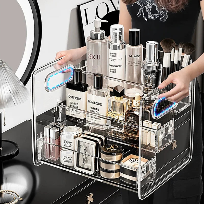 organisateur maquillage transparent acrylique moderne niveaux rangement palette fards poignées cosmétiques salle bain