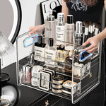 organisateur maquillage transparent acrylique moderne niveaux rangement palette fards poignées cosmétiques salle bain