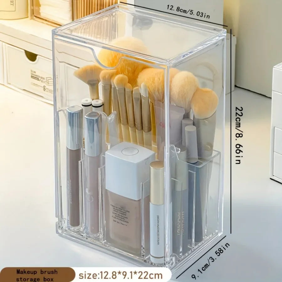 boîte rangement transparente pinceaux maquillage fond teint correcteur salle bain moderne minimaliste réutilisable