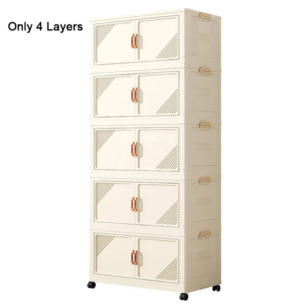 armoire pliante tiroirs beige moderne rayures diagonales poignées dorées roulettes sans