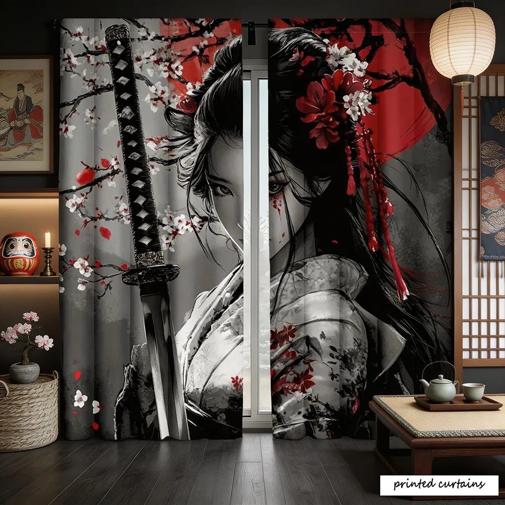 rideau imprimé art japonais femme katana fleurs cerisier noir rouge salon moderne