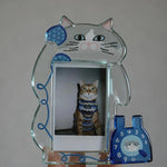 cadre photo transparent chat bleu violet enfantin dessin moustaches fil laine téléphone números