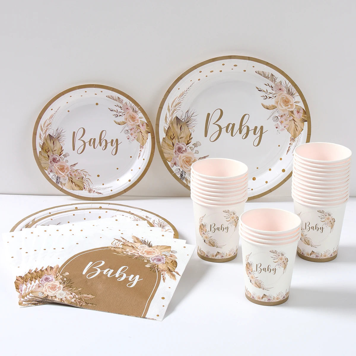 vaisselle jetable papier assiettes verres serviettes bébé fille rose doré fleurs baptême fête