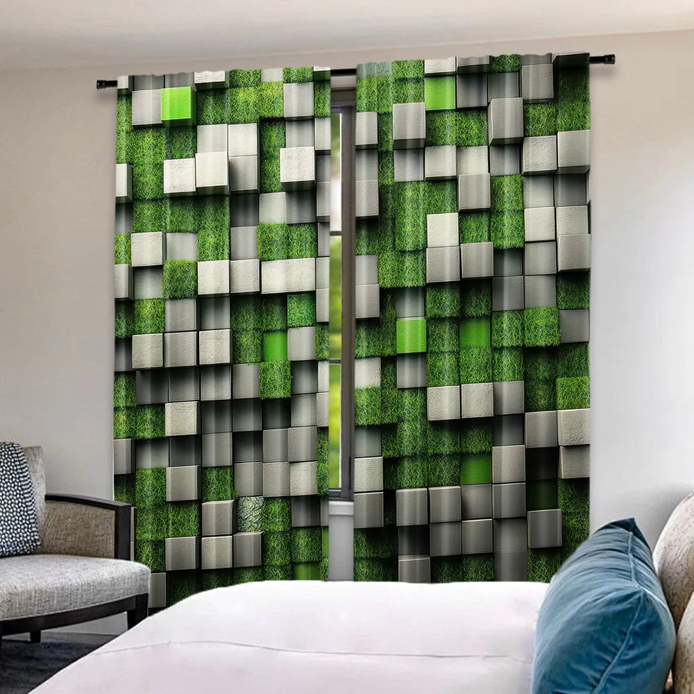 rideau polyester moderne carreaux géométriques vert gris noir opaques 29x65in 41x90in 51x82in