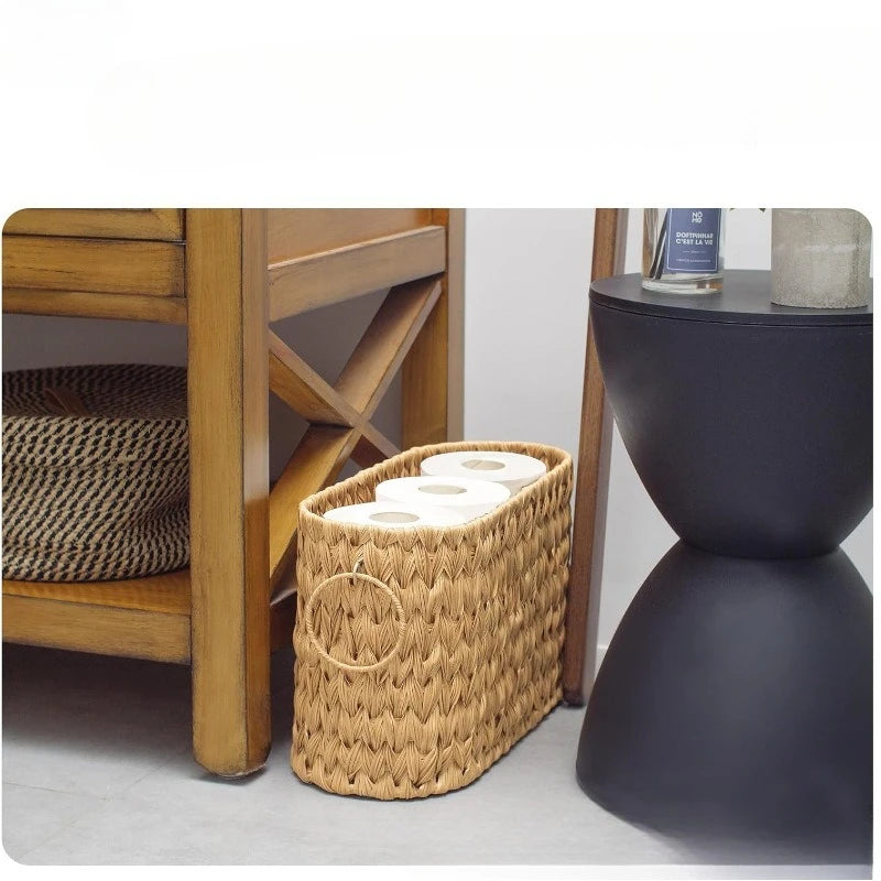 panier rangement tressé plastique respectueux environnement couleur marron clair rustique bohème dimensions 40cm 16.5cm