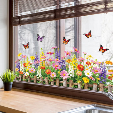 sticker fenetre fleurs papillons naturel champetre deco adhésif pvc résistant eau moderne chambre vitre