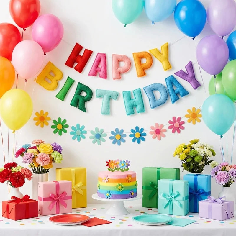 décoration fête multicolore happy birthday relief fleurs moderne gâteau cadeaux assiettes verres bougies